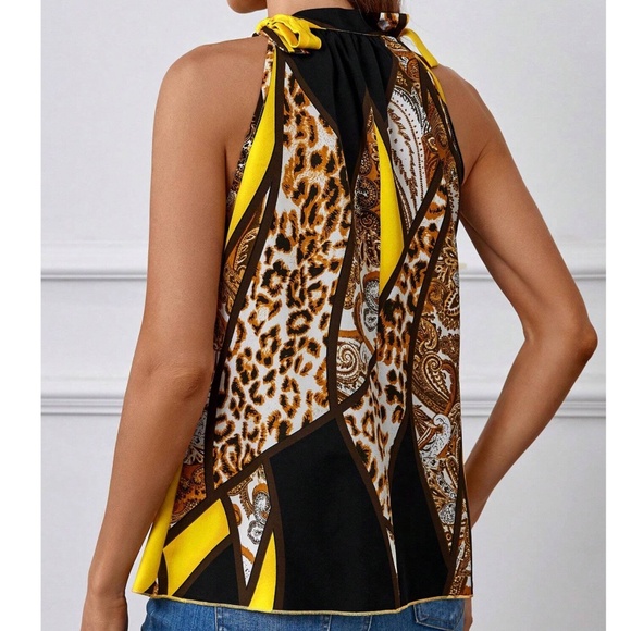 Leopard Print Color Block halter Neck Tie Tank Top - Picture 5 of 9